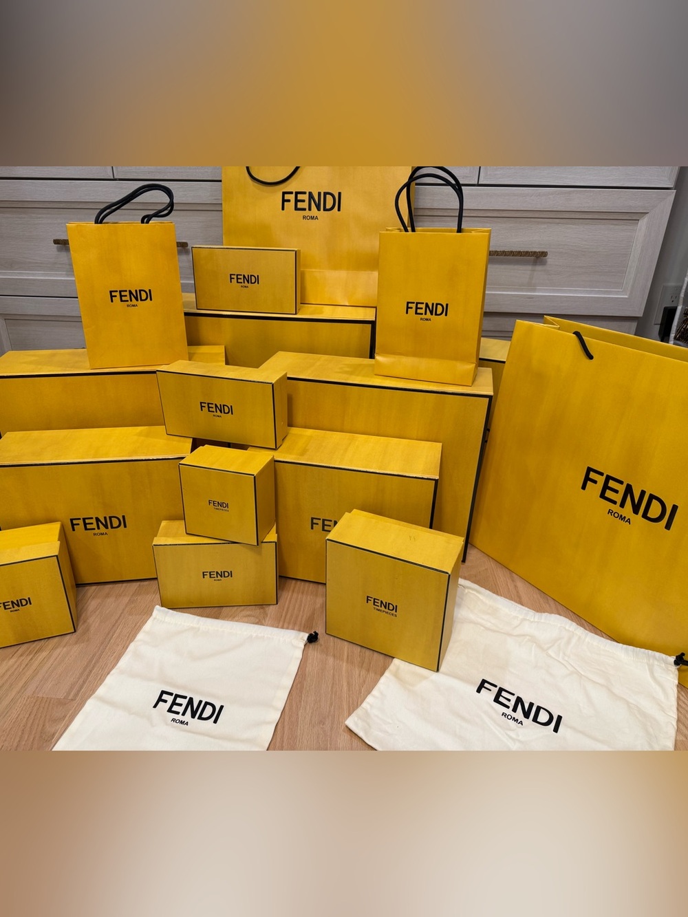 Set of 3 FENDI Empty Shopping Tote & Gift Box & Dust Bag Storage Medium Large